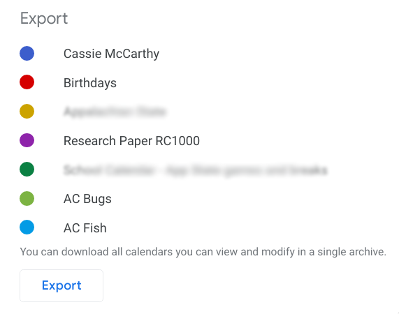 Screenshot of Google Calendar Export Screen